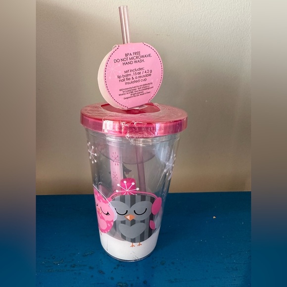 New Simple Pleasures Christmas Bath Set In Insulated Cup With Straw Holiday Owls - Picture 2 of 8